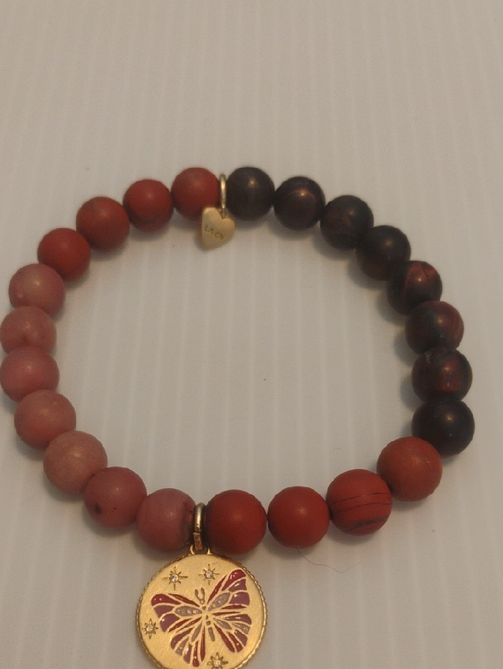 Love This Life 14k Gold Plated Gemstone Bead & Butterfly Charm Stretch Bracelet